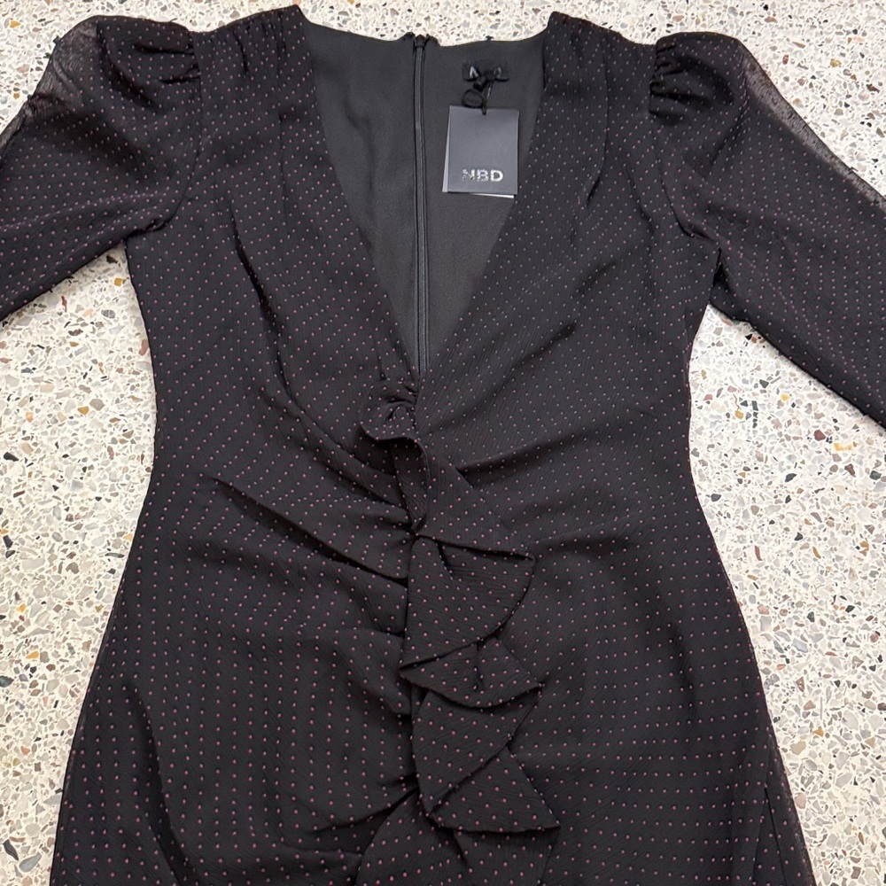 NWT NBD black pink dot mini dress long sleeve XS revolve